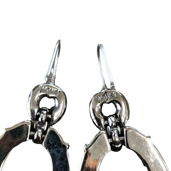 Monet Black Faceted Oval Drop Dangly Earrings Crystal Accents Wires Vintage - Picture 4 of 4